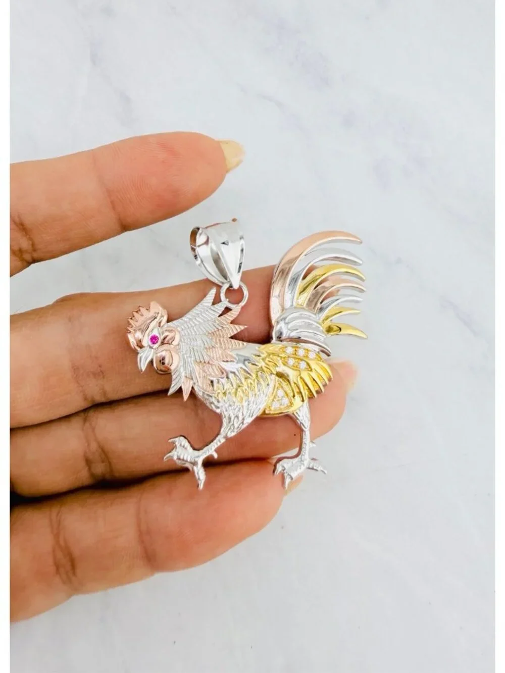 925 Sterling Silver Rooster Pendant | Three -Tone Rooster | Red Eye | Farm Gallo
